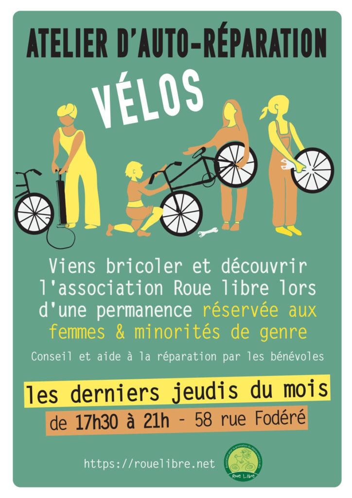 4 personnes sont en train de réparer des vélos sur une affiche présentant la permanence de la Vélobricolade de Chambéry réservée aux femmes et minorités de genre, les derniers jeudis du mois de 17h30 à 21h.
