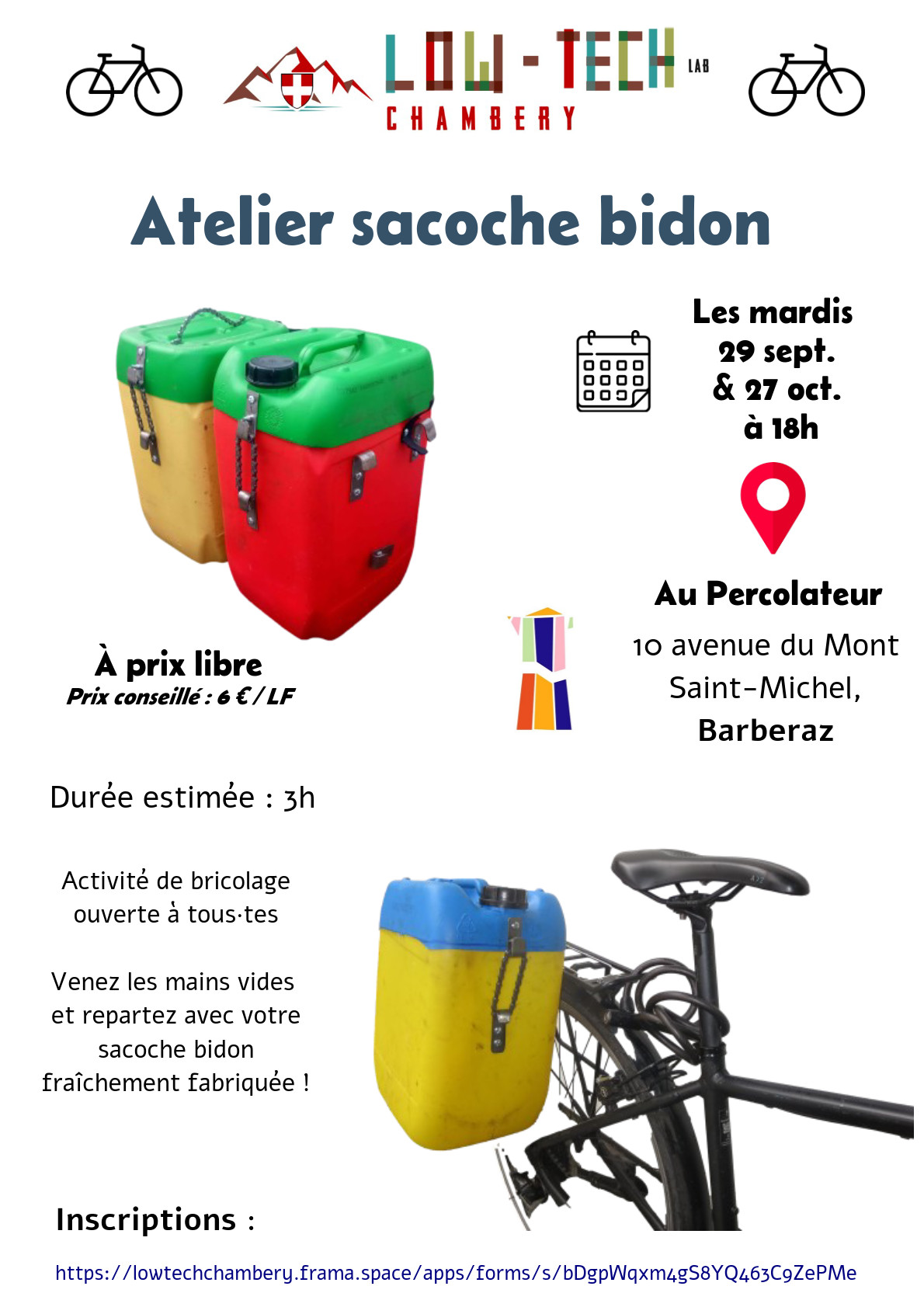 Affiche des ateliers pour apprendre à fabriquer ses sacoches bidons